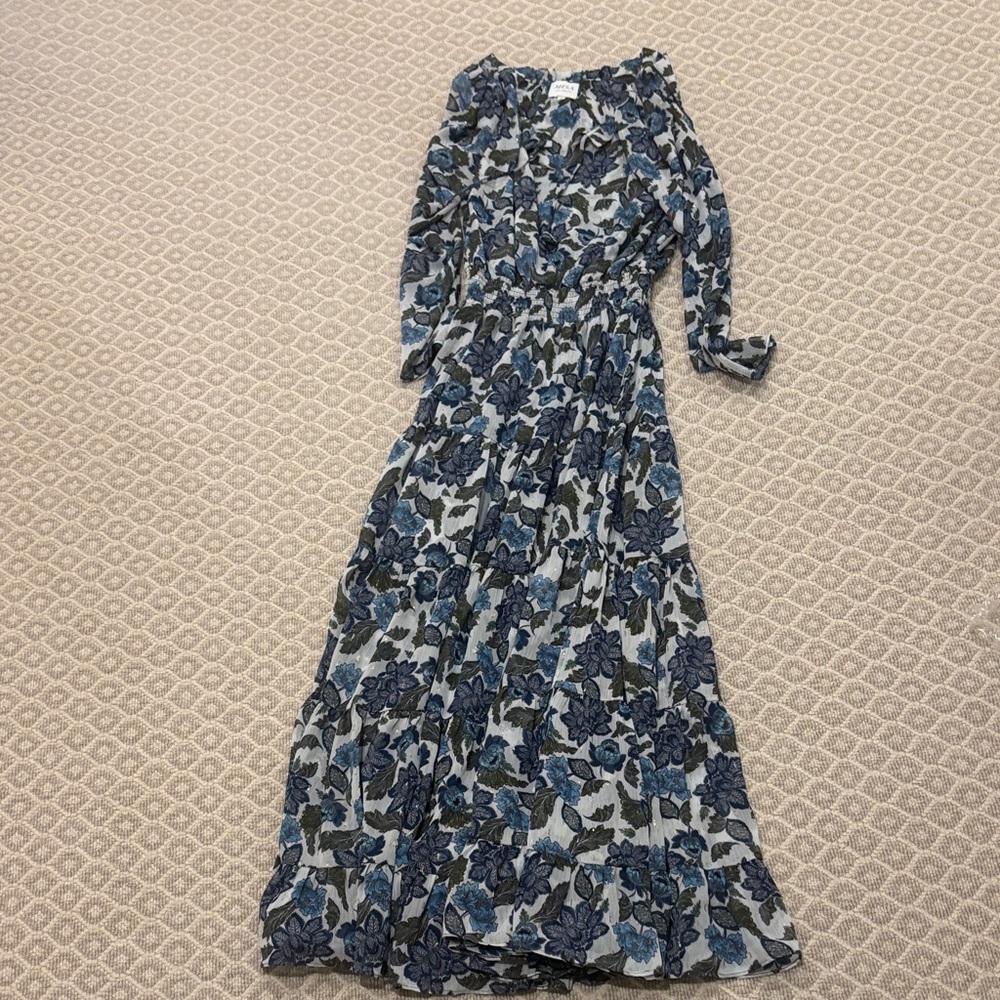 Misa Los Angeles Blue and Black Floral Long Sleeve Dress